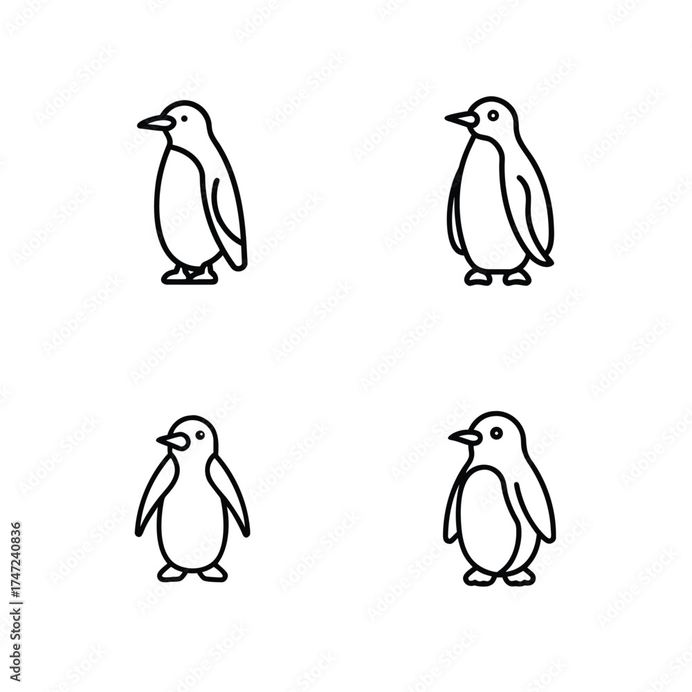 Naklejka premium Cute Penguin Icon Bundle, Winter Penguin Character Set, Arctic Penguin Illustration Pack, Adorable Penguin Vector Collection, Frozen Penguin Graphic Design