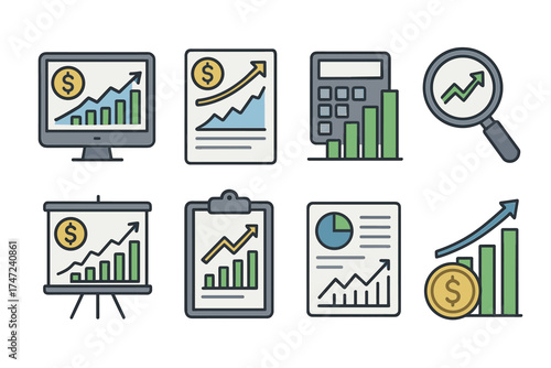 Financial analytics and business report vector icon set. Collection of symbols for data analysis, statistics, and market growth.