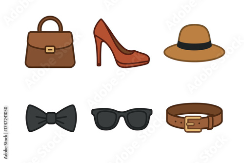 Fashion accessories for men and women vector icon set. Simple collection of stylish personal items.