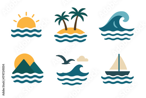 Sea and ocean landscape flat vector icon set. Simple collection of summer, beach, and nautical symbols.