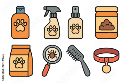 Pet grooming and health care vector icon set. Collection of supplies for dog and cat wellness.