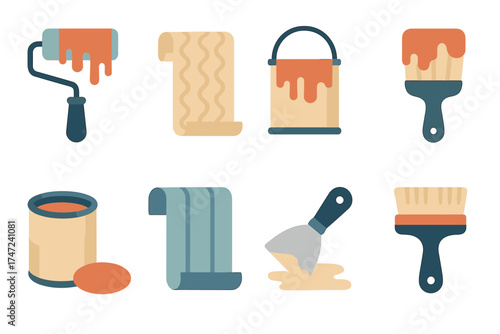 Painting and wallpapering supplies flat vector icon set. Collection of tools and materials for home renovation.