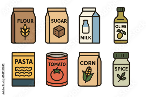 Pantry staples and packaged groceries vector icon set. Collection of various food ingredients and products.