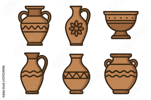 Ancient pottery and ceramic vases cartoon vector icon set. Simple collection of historical clay pots and amphorae.