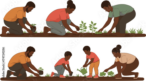 Family gardening activity silhouette illustration set, sustainable living and teamwork concept artwork for lifestyle, environment, and education design