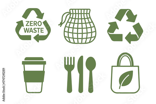 Zero waste and eco friendly lifestyle green glyph icon set. Vector symbols for sustainable and conscious living.