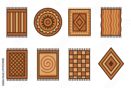 Boho rugs and carpets vector icon set. Collection of various tribal and rustic floor coverings for interior design.