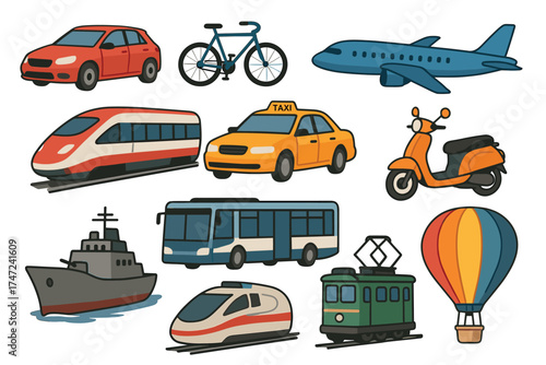 Transportation and vehicles vector illustration set. Collection of various modes of public and private transport.