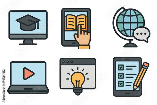 Online education and e-learning vector icon set. Colorful symbols for digital courses, webinars, and distance learning.