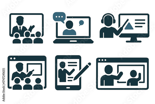 Online education and webinar glyph icon set. Collection of silhouettes for e-learning, distance courses, and tutoring.