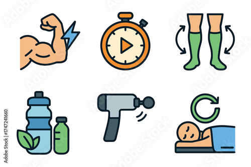 Workout recovery and muscle therapy vector icon set. Symbols for rest, hydration, and fitness after exercise.