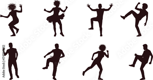 Group of dancers in expressive poses silhouette illustration, choreographic diversity and rhythmic motion concept artwork for lifestyle, culture, and performance design