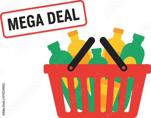 Mega deal offer on shopping basket with products isolated on white background for online sale