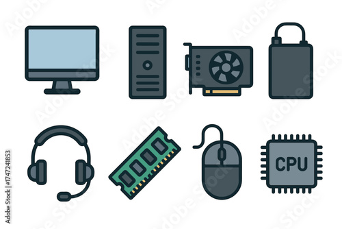 Computer hardware and PC components vector icon set. Collection of various parts and peripherals for a desktop computer.