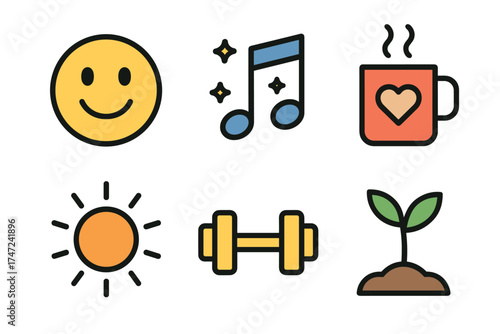 Positive mood and well-being vector icon set. Cute collection of symbols for happiness and a healthy lifestyle.