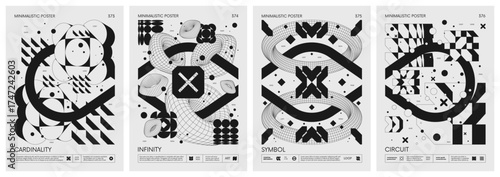 Futuristic abstract graphic wireframe elements of geometric shapes rave composition, Brutalism style vector minimalistic Posters with silhouette postmodern figures, Trendy modern print artwork set 94