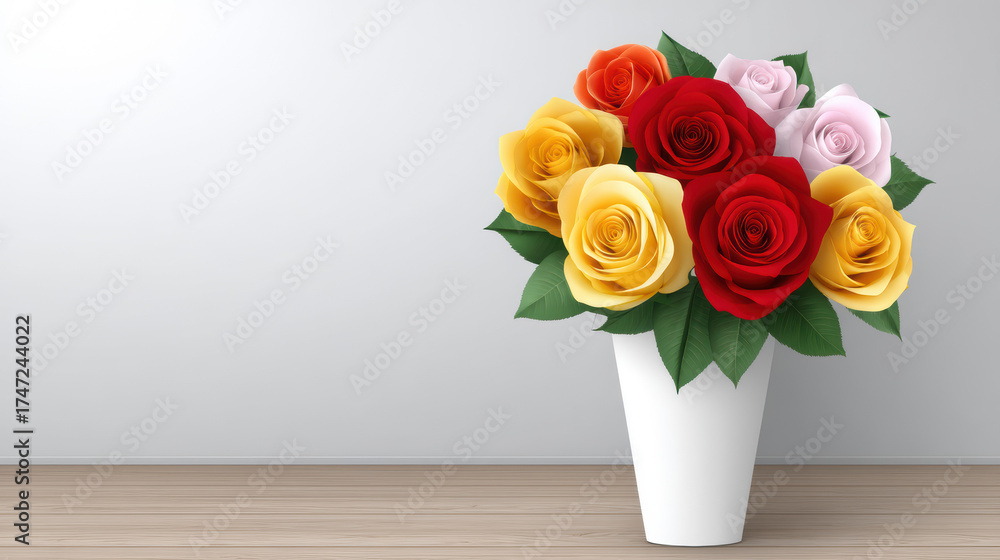 Naklejka premium A beautiful bouquet of colorful roses in a white vase sits elegantly on a wooden table against a plain background, offe a serene and romantic aesthetic appeal.