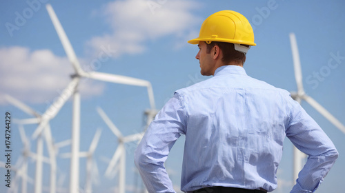 Engineer in Yellow Helmet Looking at Wind Turbines for Renewable and Sustainable Energy