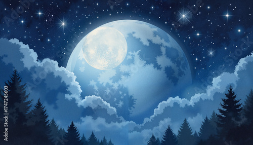 Full moon shining brightly over pine trees with a starry night sky  