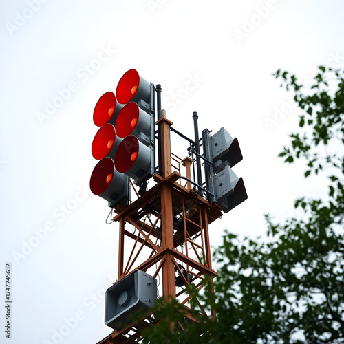 Warning Siren Tower with Communication Antennas Against Clear Blue Sky