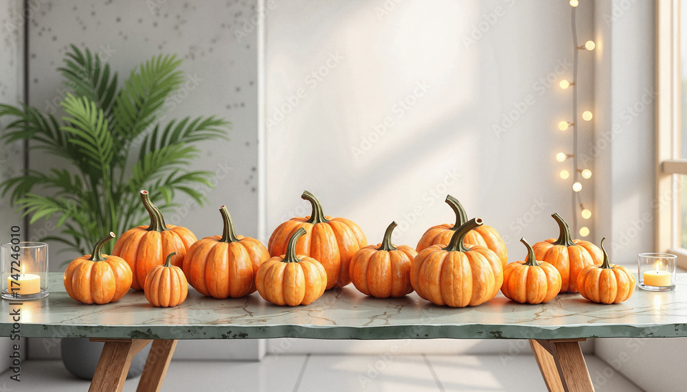 Obraz premium Group of pumpkins arranged on a table with decorative plant indoors 