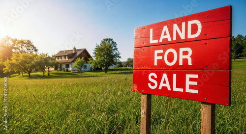Land for Sale Sign on Green Field with Country House in Background