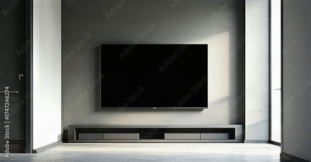 Fototapeta premium Minimalist interior features wallmounted television, sleek console. Neutral tones dominate space, creating calm atmosphere. Lighting highlights textures.