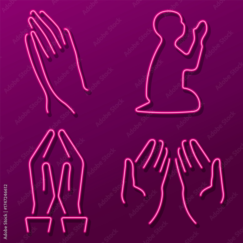 Fototapeta premium prayer hand neon icon group, vector illustration.