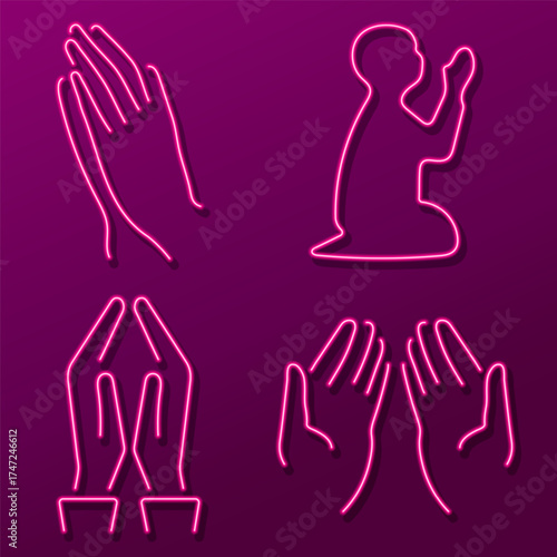 prayer hand neon icon group, vector illustration.