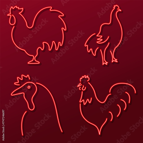 rooster group of neon icons, vector illustration.
