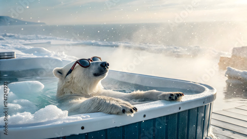A relaxed polar bear wearing stylish oversized sunglasses lounges in a steaming outdoor hot tub, floating amidst ice floes on the Arctic sea
