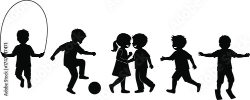 Happy children silhouettes playing outdoors, jumping, running, skipping rope, soccer, friendship, fun, active lifestyle, joy