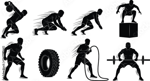 Silhouette athletes performing strength training exercises, lifting weights, jumping, running, and workout movements isolated on white background