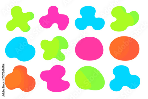 Set of random amoeba shapes. Collection of organic y2k neon color blobs. Irregular soft abstract blotch and pebble silhouettes. Simple liquid amorphous splodge elements.