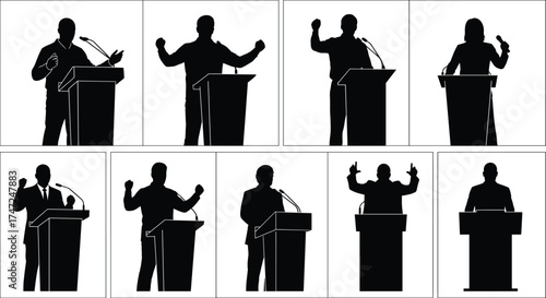 Silhouettes of public speakers at podiums, giving speeches, leadership, debate, presentation, politics, business talk
