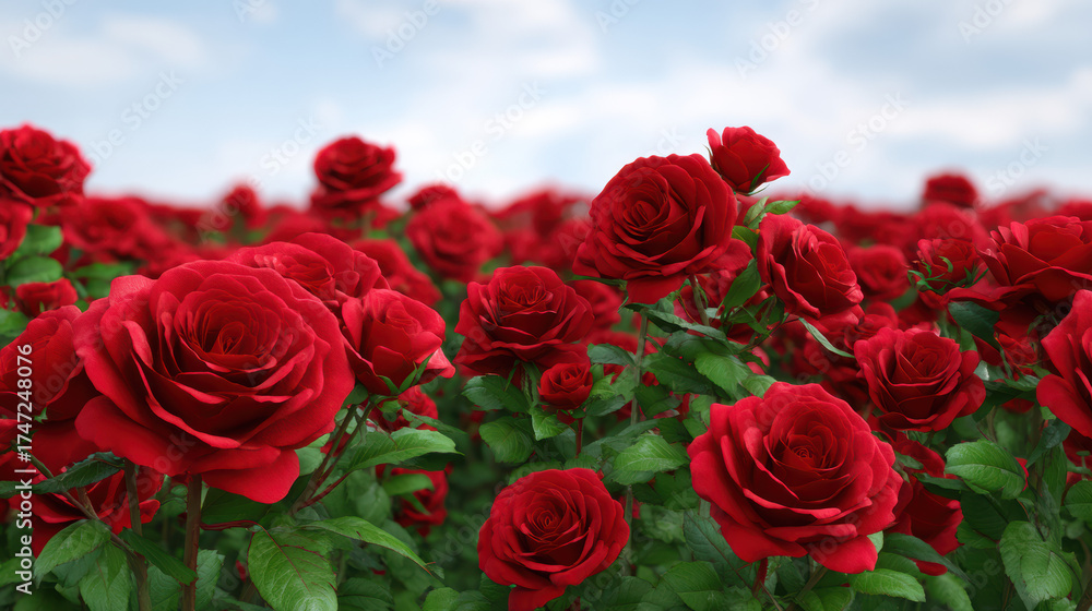 Obraz premium A beautiful field of vibrant red roses stretches towards the horizon under a clear, bright blue sky, creating a stunning and romantic floral landscape view here.