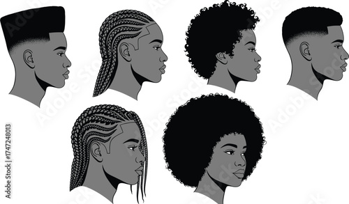 Textured Hair Styles, Afro, Cornrows, Fade Cuts, Black Hair Culture, Side Profile, Artistic Illustration