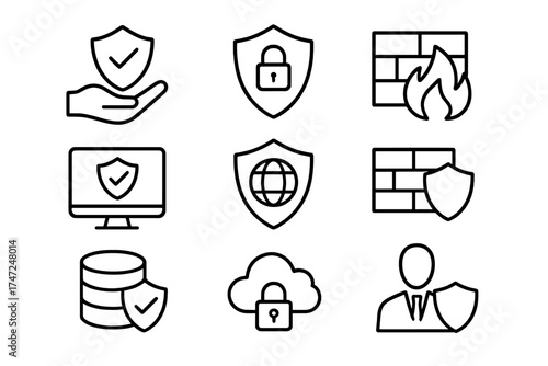 Cybersecurity line icons set. Vector pictograms for data protection, network security, firewall, and private cloud. Concepts of insurance, defense, database, and secure web.