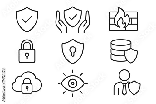 Security concept simple line icons set. Cybersecurity data protection pictograms. Firewall, secure database, private cloud access, network defence vector icons pack.