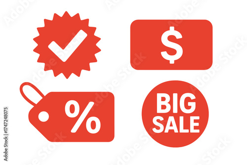 Red retail sale tags and stickers, best offer pricing badges, discount labels, percentage discount tags, big sale banners, limited time shopping deals, isolated vector set.