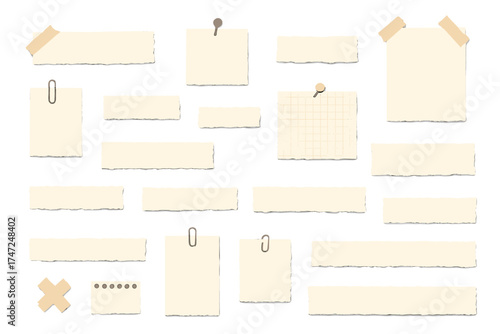 Torn paper strips mega set. Ripped paper edges and notepad fragments bundle. Scrapbook design elements with tape, pins and paper clips. Blank memo notes vector illustration.