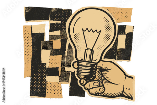 Hand holding light bulb idea concept. Vintage vector halftone collage banner. Retro paper cutout poster with magazine clippings. Creativity inspiration innovation symbol illustration.