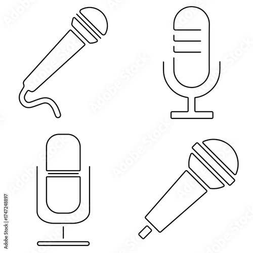 Group of black microphone icons on a white background. Vector illustration.
