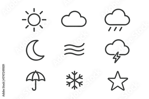 Weather forecast vector line icons set. Meteorology symbols. Sun, cloud, rain, moon, wind, storm, umbrella, snowflake, star. Minimal outline pictogram for web and mobile UI UX app.