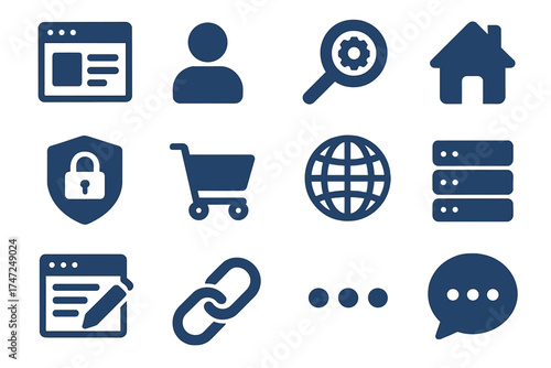 Web design and development solid glyph icon set. Essential pictograms for UI and UX design, including internet, SEO, security, server, user, ecommerce, and blog symbols.