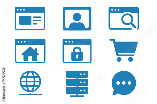 Website icon set in solid glyph style for web design. Pack of pictograms with user experience, SEO, homepage, security, ecommerce, internet, server, blog, and user profile.