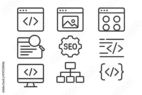 Web development line icon set. Website UI, UX outline pictograms. Programming, site content, code editor, buttons, SEO optimization, sitemap, coding process concepts.