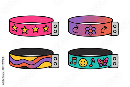 Y2k event party bracelet design set. Retro festival wristbands for nightclub access. Colorful pass tickets with stars, flowers, smileys and music notes. Entry ribbons vector.