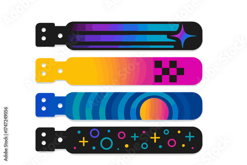 Y2k event party bracelet design. Retro modern pass ticket set for nightclub entrance access. Colourful vibrant identification wristbands for night show, concert, festival.