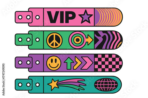Y2K event party bracelet design collection. Retro modern pass ticket set for nightclub entrance access. Colorful vibrant identification wristbands for music festival show.